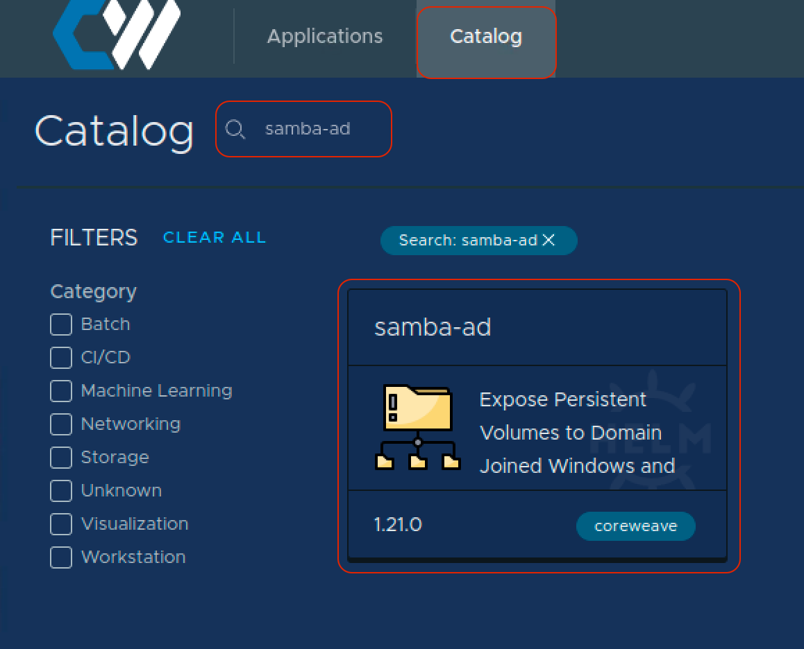 Screenshot: search for samba-ad in the applications catalog to find it